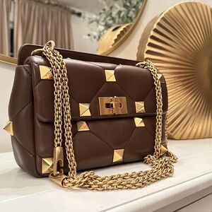 Brown Quilted Leather Shoulder Bag with Gold Studs and Chain